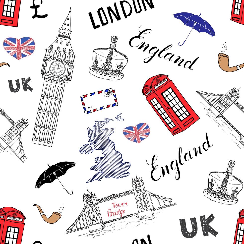 London city doodles elements seamless pattern. with hand drawn tower bridge, crown, big ben, red bus, UK map, flag,and lettering, vector illustration isolated