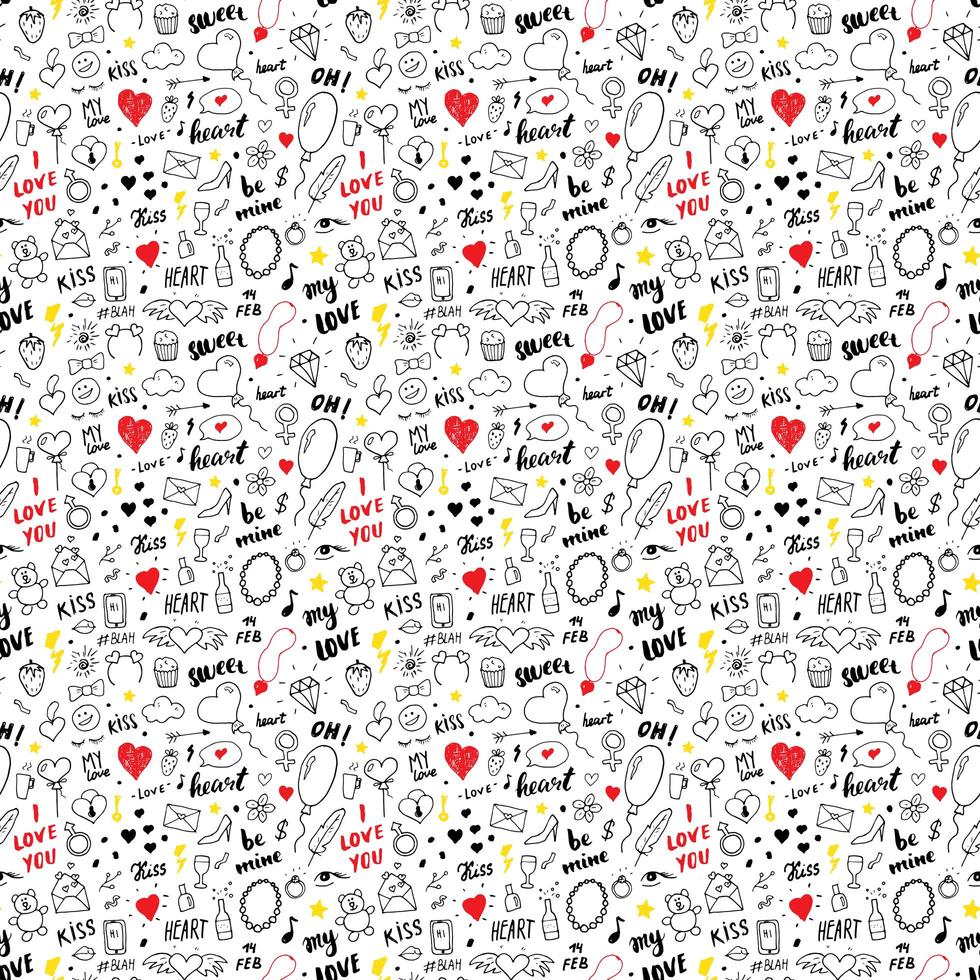 Love and Valentine Day seamless pattern vector illustration. Hand drawn sketched doodle romantic symbols background
