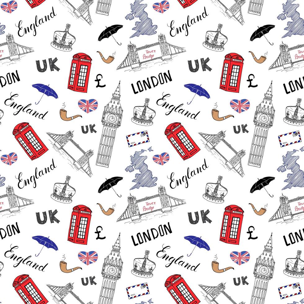 London city doodles elements seamless pattern. with hand drawn tower bridge, crown, big ben, red bus, UK map, flag,and lettering, vector illustration isolated