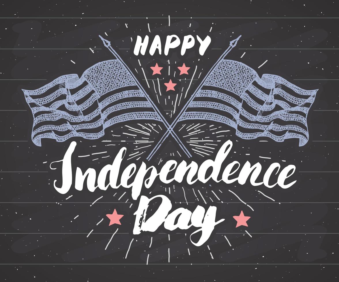 feliz día de la independencia, cuatro de julio, tarjeta de felicitación vintage con banderas de estados unidos, celebración de los estados unidos de américa. Letras de mano, ilustración de vector de diseño retro de vacaciones americanas en pizarra.