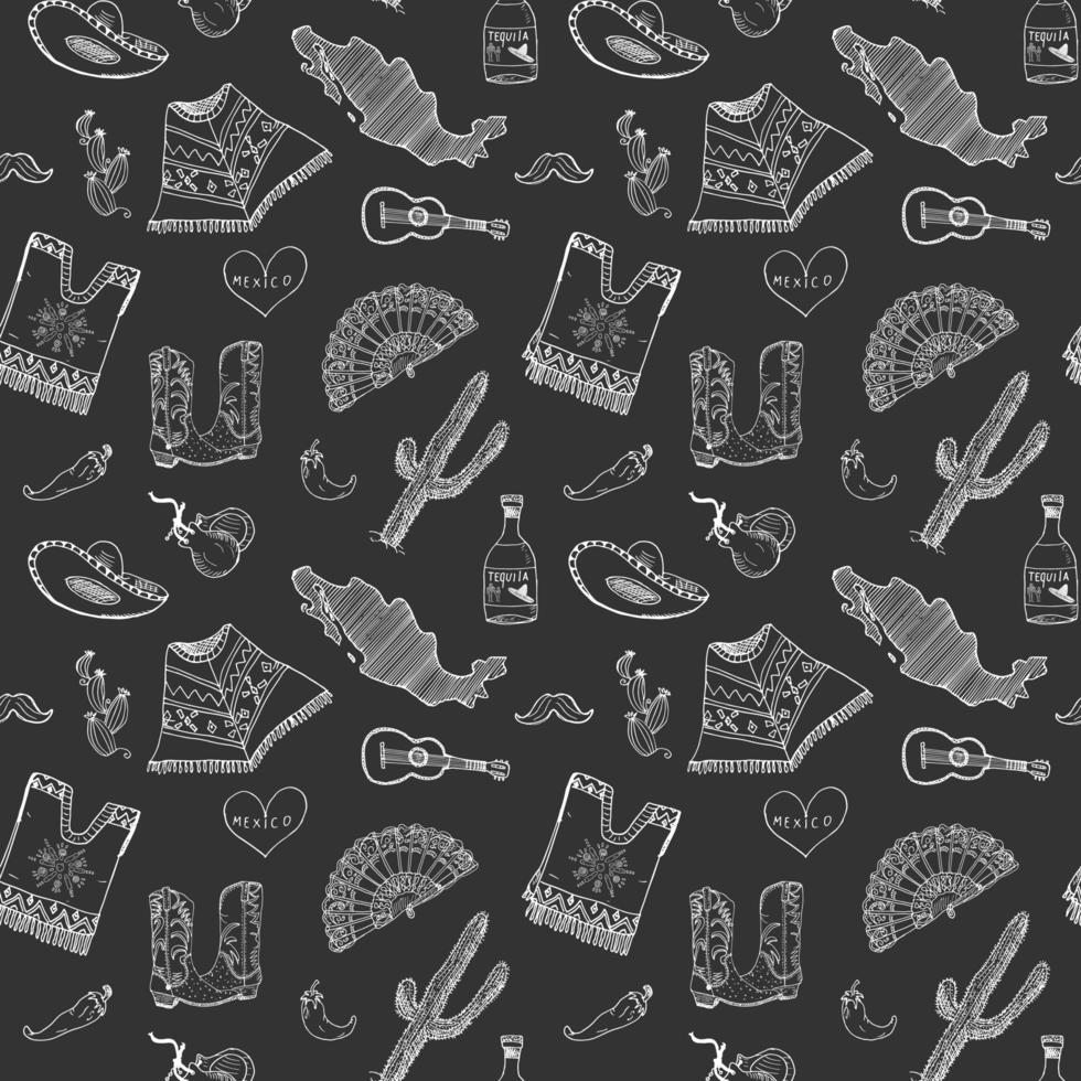 Mexico seamless pattern doodle elements, Hand drawn sketch mexican traditional sombrero hat, boots, poncho, cactus and tequila bottle, map of mexico, music instruments. vector illustration background