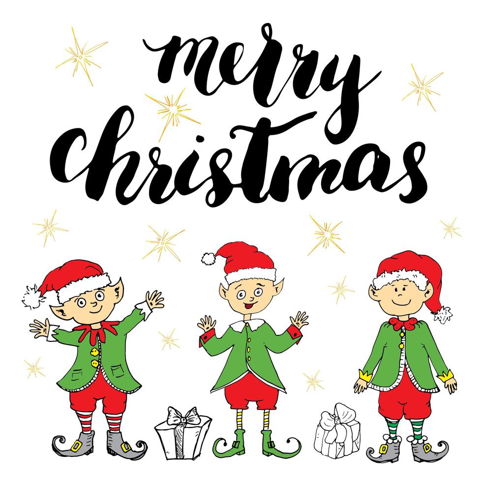 Merry Chistmas lettering. Hand drawn vector illustration with elfs.