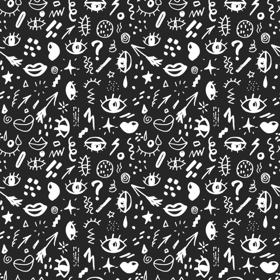 Seamless pattern with hand drawn sketched doodle elements eyes and lips, abstract background. Typography design print, vector illustration