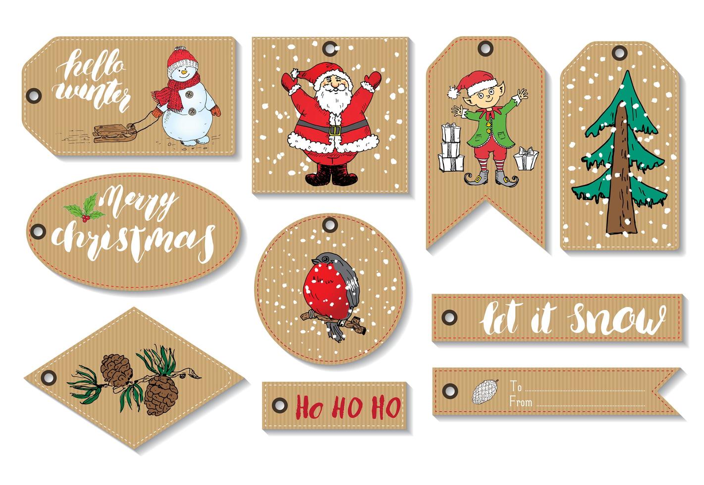 New Year and Christmas gift tags set. Hand drawn sketch greeting cards template with doodles festive elements. Vector illustration.