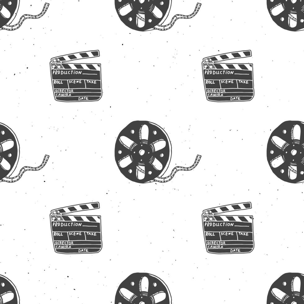 Cinema tape, film reel and clapperboard vintage seamless pattern, handdrawn sketch, retro movie and film industry, vector illustration