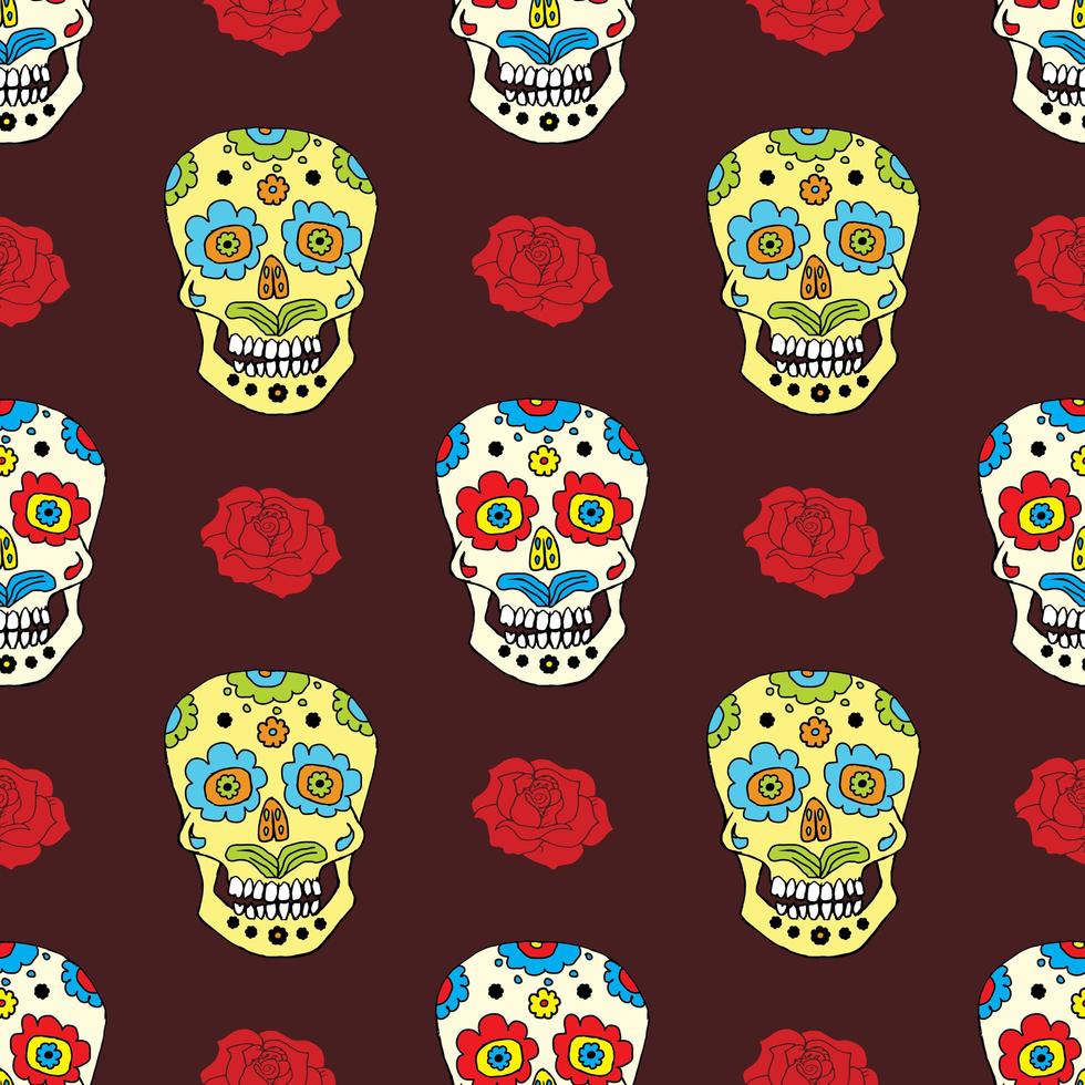 Día de los muertos de patrones sin fisuras, calaveras de azúcar dibujadas a mano y fondo de rosas, ilustración vectorial vector