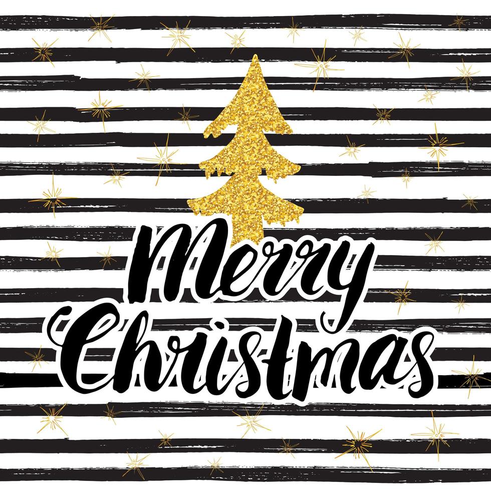 Merry Chistmas lettering, gold glitter tree. Hand drawn vector illustration .