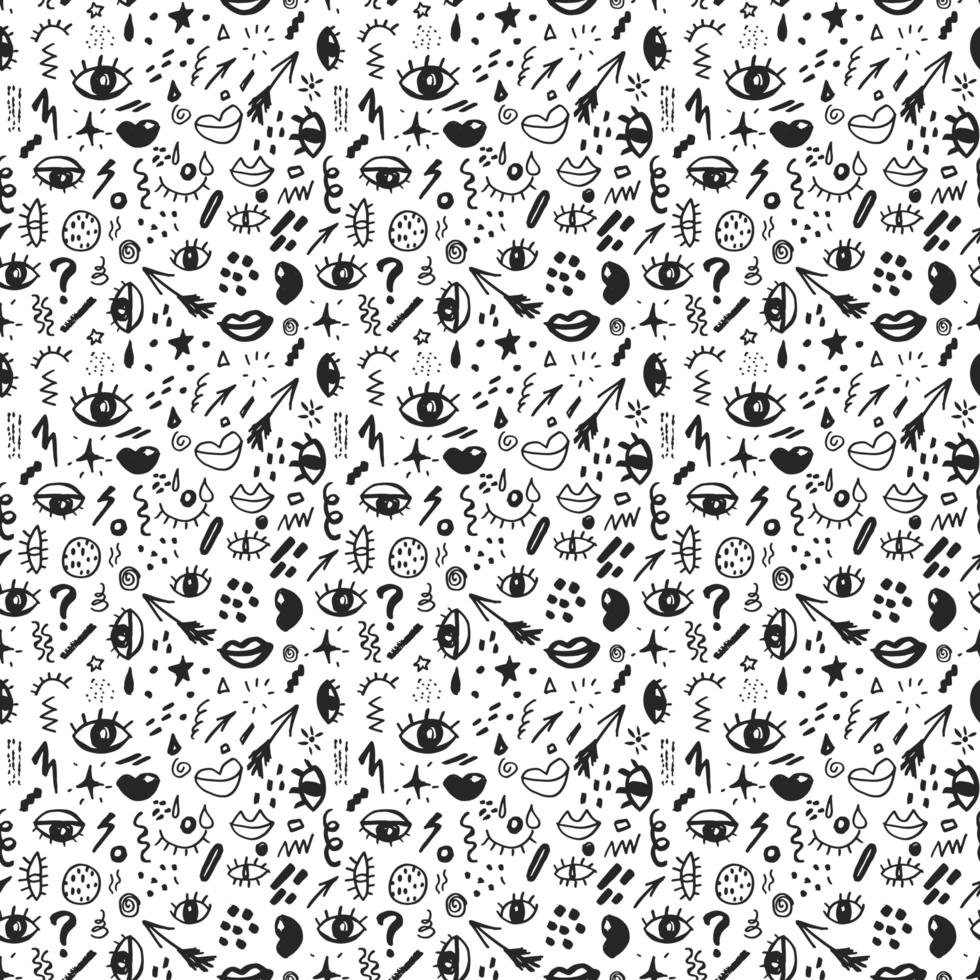 Seamless pattern with hand drawn sketched doodle elements eyes and lips, abstract background. Typography design print, vector illustration