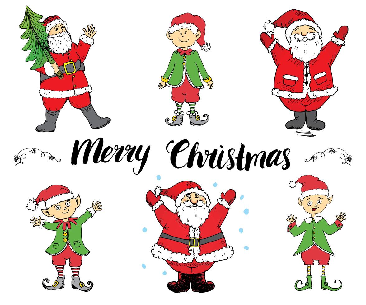 Santa Claus and elfs Hand drawn set. Merry Christmas lettering. vector illustration.