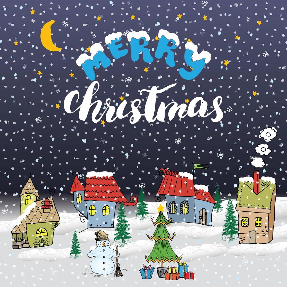 Merry Christmas Hand drawn doodle with small houses, snowman and christmas tree with gift boxes. Christmas greeting card or invitation design template. Vector illustration
