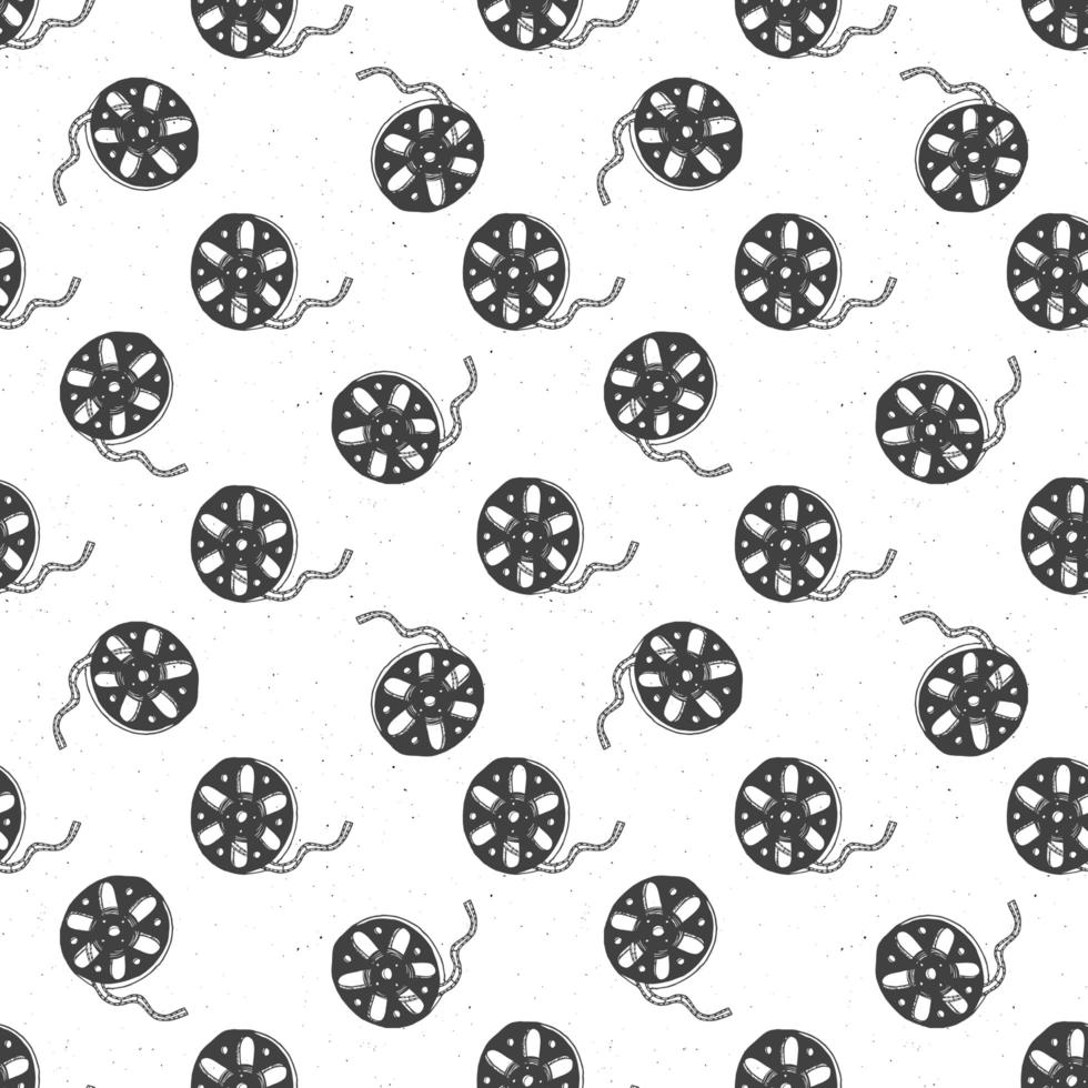 Cinema tape and film reel vintage seamless pattern, handdrawn sketch, retro movie and film industry, vector illustration