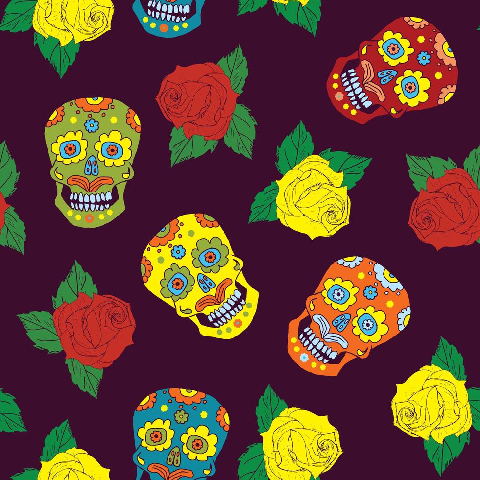 Día de los muertos de patrones sin fisuras, calaveras de azúcar dibujadas a mano y fondo de rosas, ilustración vectorial vector