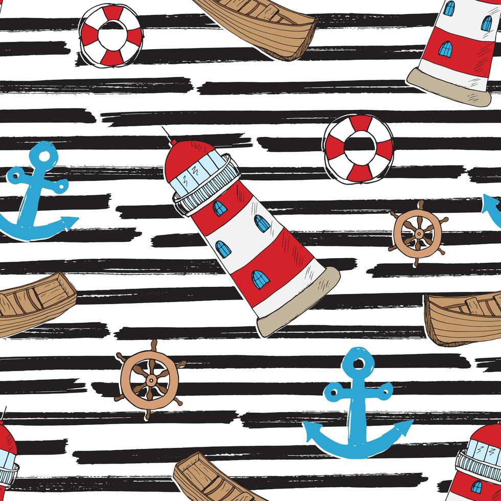 Nautical, Anchor and Lighthouse Seamless Pattern Vector Illustration.