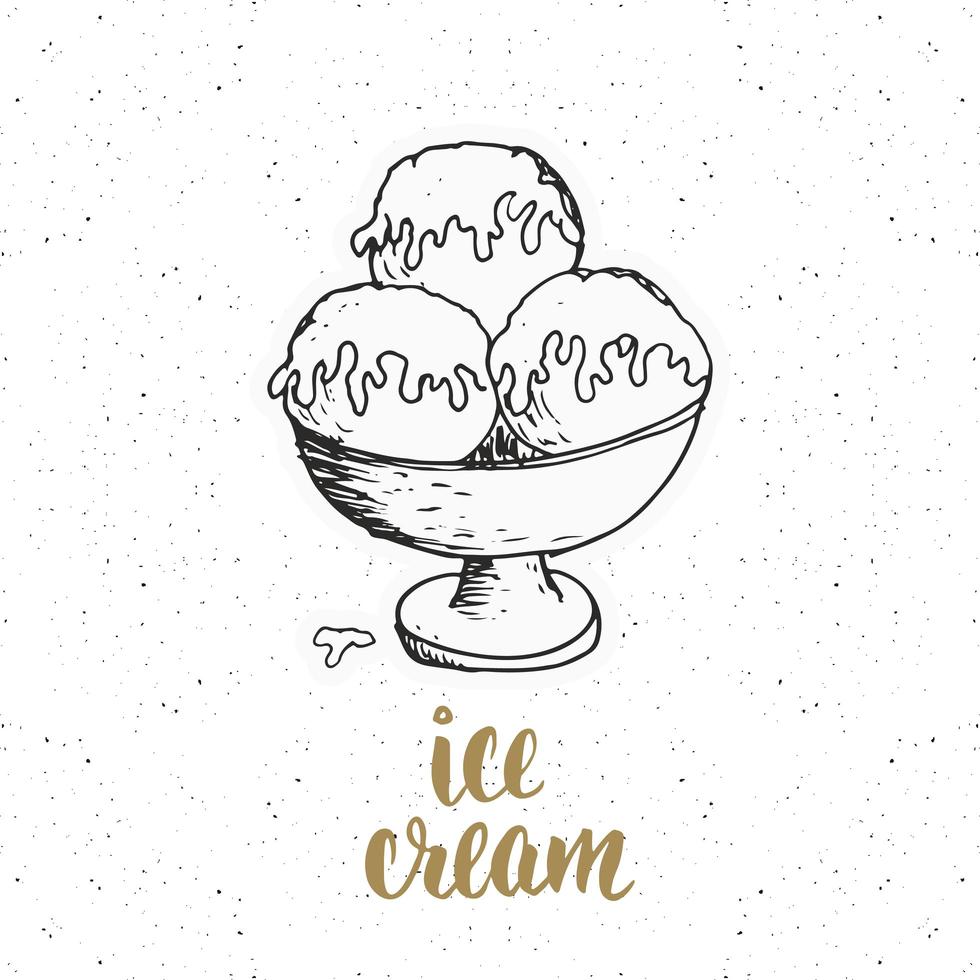 helado con boceto de letras, etiqueta vintage, insignia texturizada grunge dibujada a mano, plantilla de logotipo retro, ilustración de vector de diseño de tipografía.