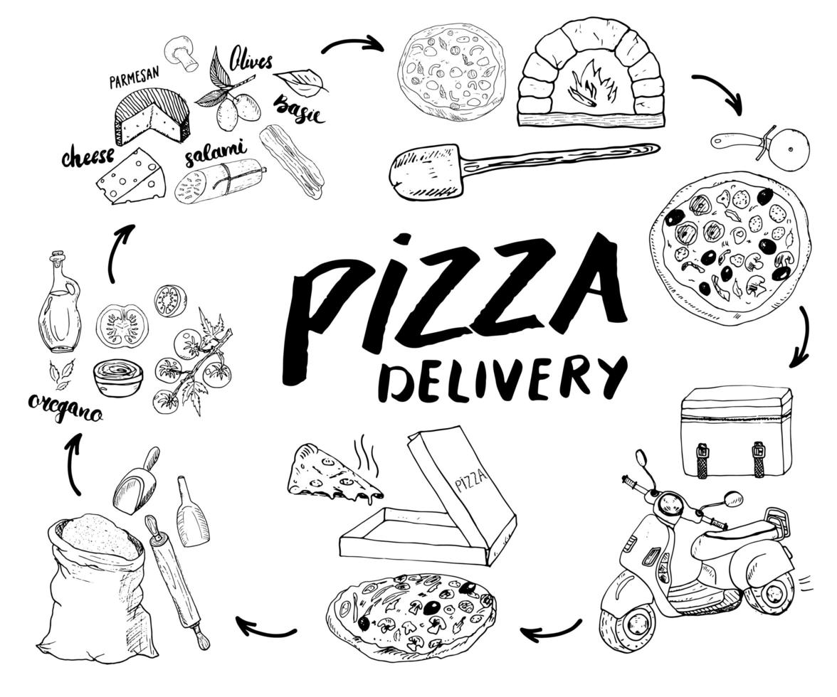 Pizza hand drawn sketch set. Pizza preparation and delivery process with flour and other food ingredients, paper box, oven and kitchen tools, scooter, pizza bag design template. Vector illustration