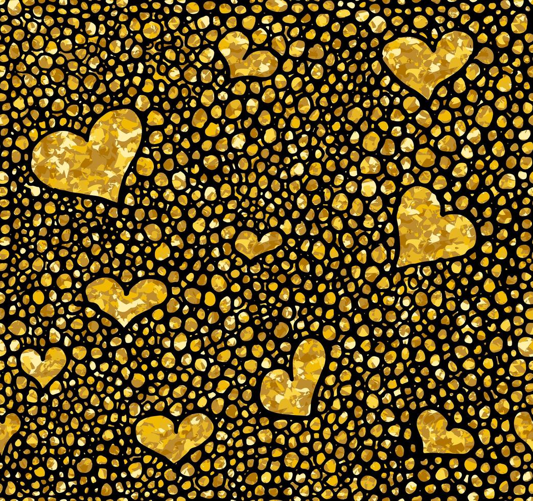 Hand drawn dotted seamless gold glitter pattern. brush herts and dots seamless pattern, vector illustration