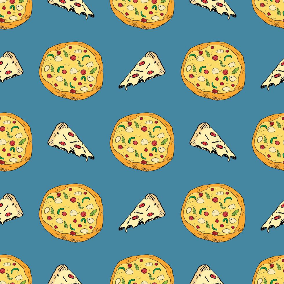 Pizza seamless pattern hand drawn sketch. Whole pizza and slice doodles Food background. Vector illustration