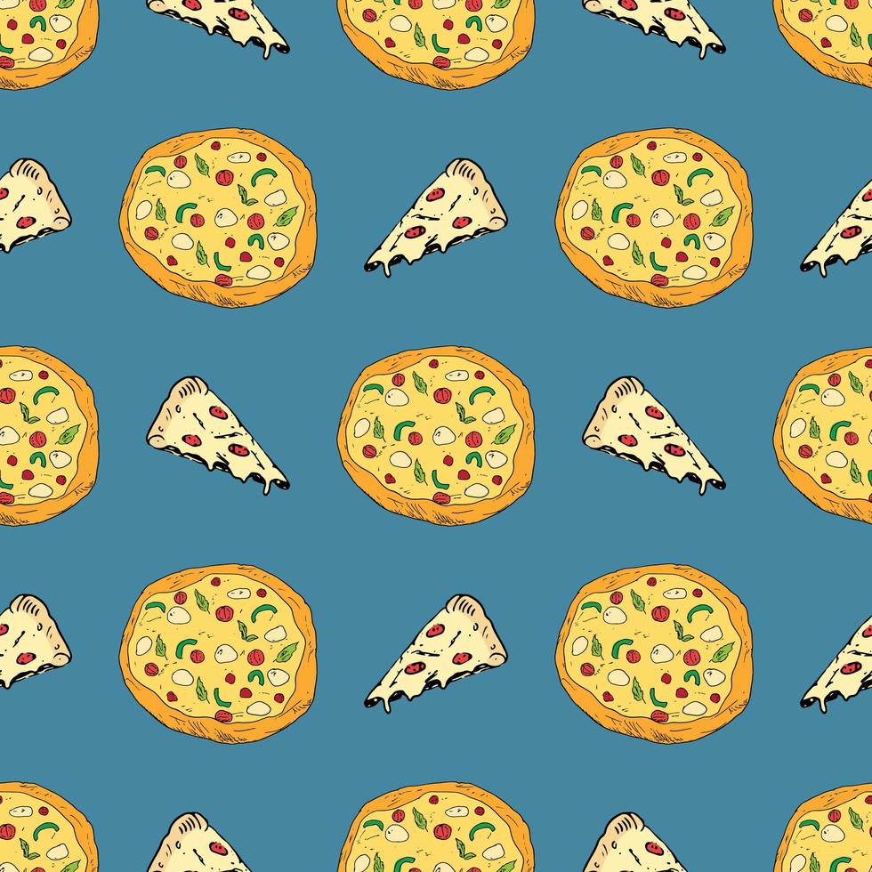 Pizza seamless pattern hand drawn sketch. Whole pizza and slice doodles Food background. Vector illustration