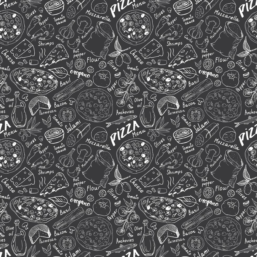 Pizza seamless pattern hand drawn sketch. Pizza Doodles Food background with flour and other food ingredients, oven and kitchen tools. Vector illustration