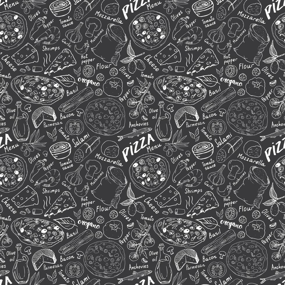 Pizza seamless pattern hand drawn sketch. Pizza Doodles Food background with flour and other food ingredients, oven and kitchen tools. Vector illustration