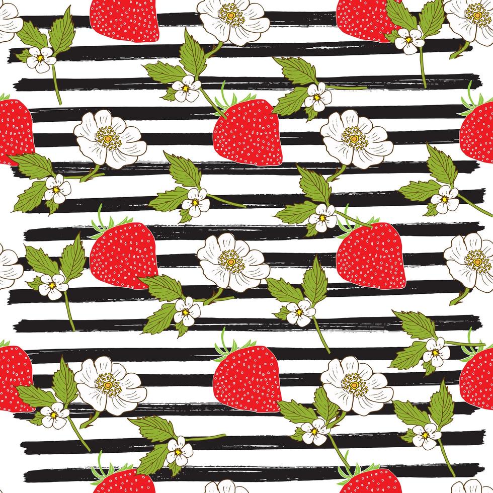 Strawberry hand drawn sketch striped Seamless Pattern. Vector Illustration.