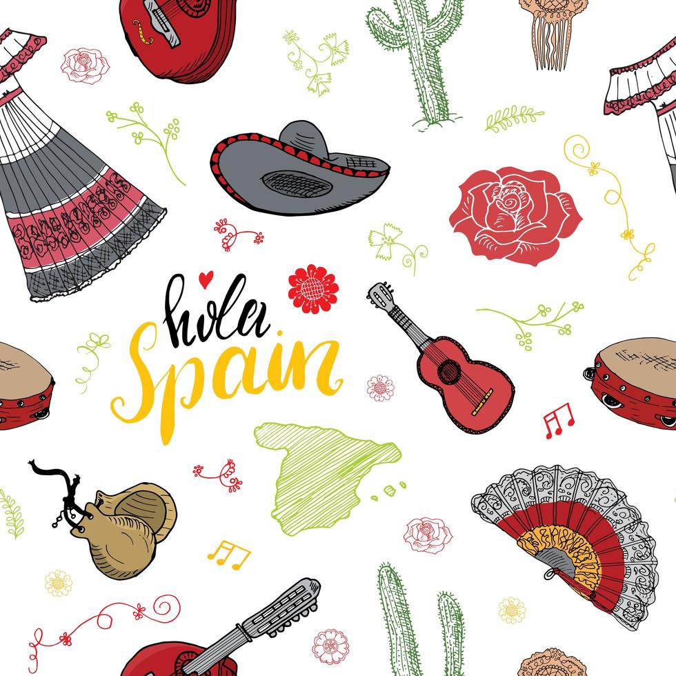 elementos de doodle de patrones sin fisuras de españa, bocetos dibujados a mano guitarras tradicionales españolas, instrumentos musicales y de vestimenta, mapa de españa y letras - hola españa. fondo de ilustración vectorial vector