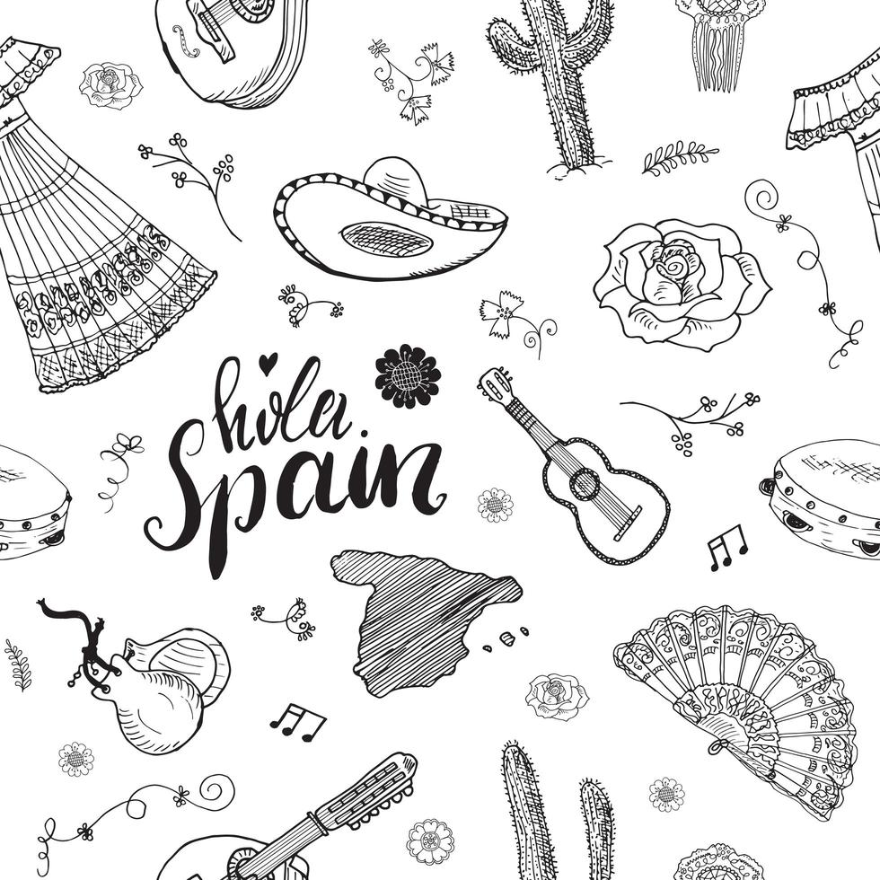 elementos de doodle de patrones sin fisuras de españa, bocetos dibujados a mano guitarras tradicionales españolas, instrumentos musicales y de vestimenta, mapa de españa y letras - hola españa. fondo de ilustración vectorial vector