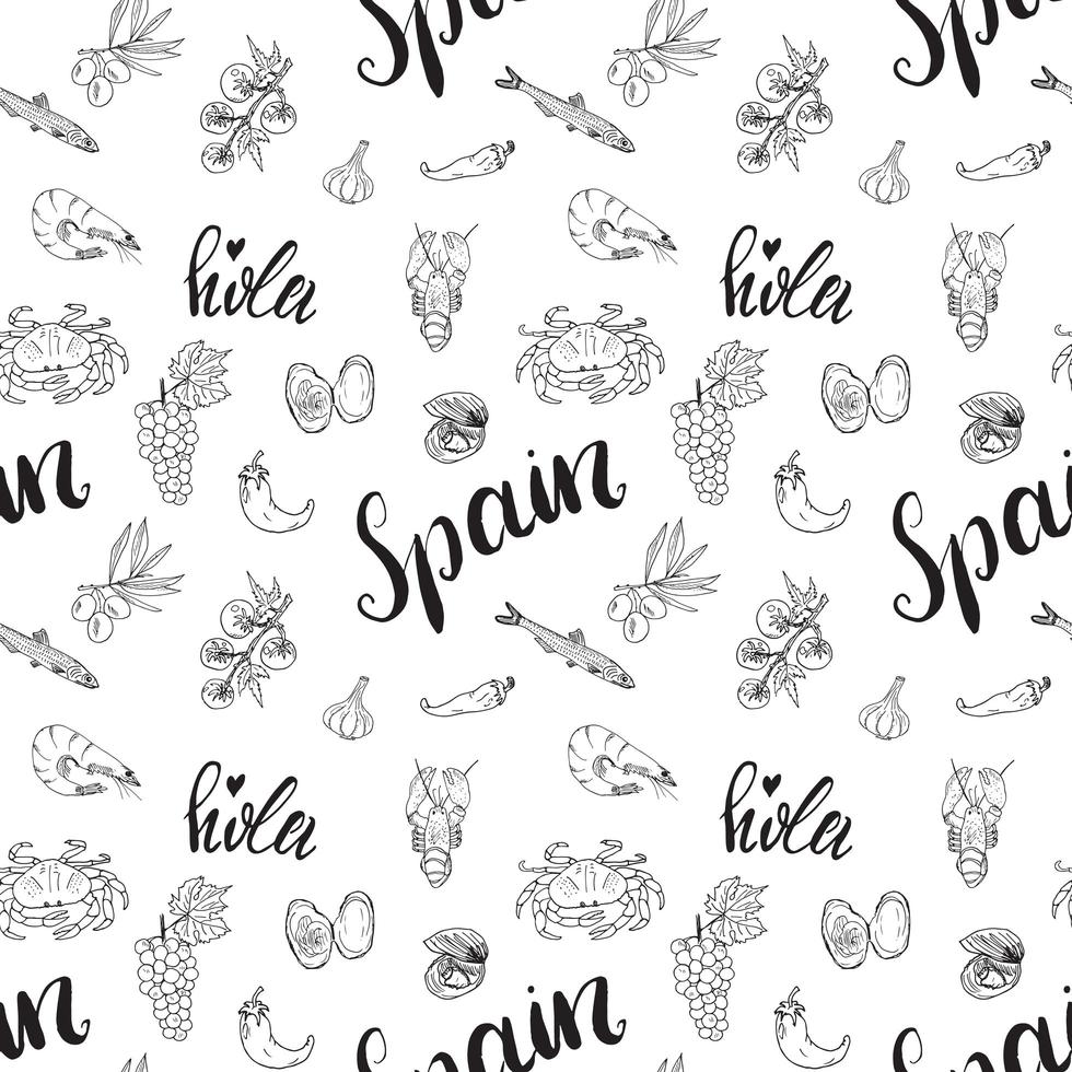 Spain seamless pattern doodle elements, Hand drawn sketch spanish food shrimps, olives, grape, flag and lettering. vector illustration background.