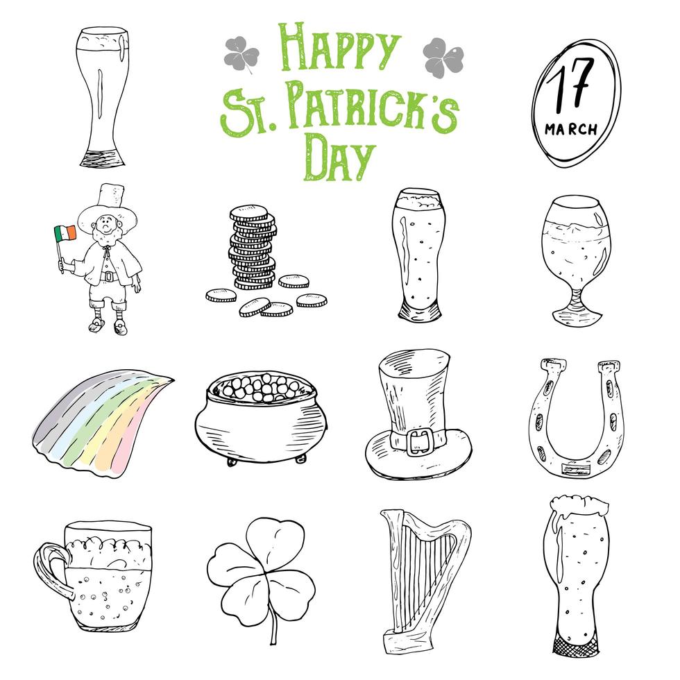 St Patricks Day hand drawn doodle icons set, with leprechaun, pot of gold coins, rainbow, beer, four leaf clover, horseshoe, celtic harp and flag of Ireland vector illustration isolated on white.