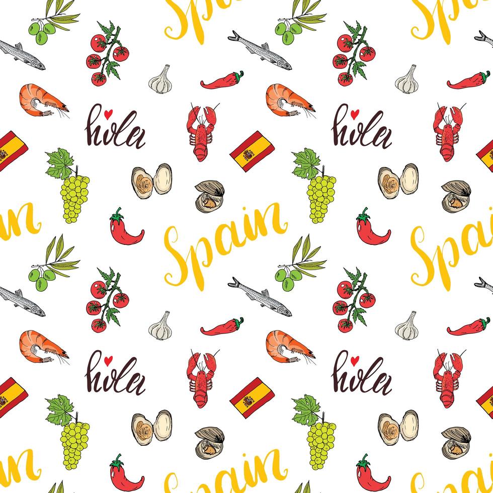 Spain seamless pattern doodle elements, Hand drawn sketch spanish food shrimps, olives, grape, flag and lettering. vector illustration background.