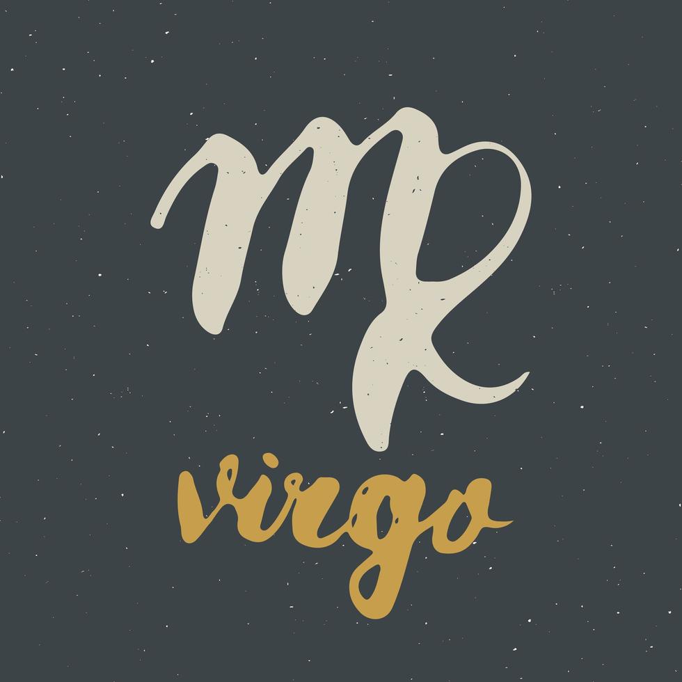 signo del zodíaco virgo y letras. Símbolo de astrología horóscopo dibujado a mano, diseño con textura grunge, tipografía impresa, ilustración vectorial vector