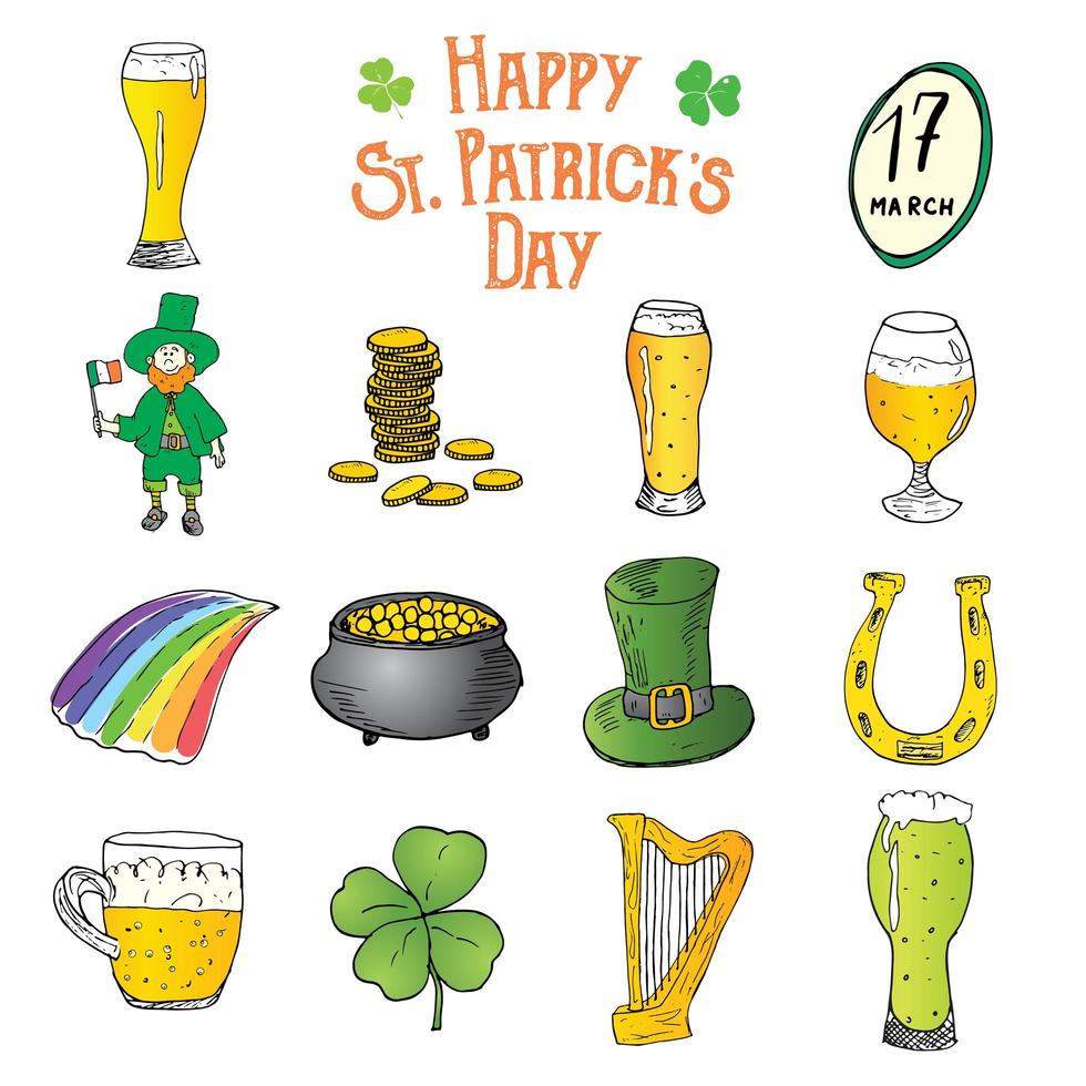 St Patricks Day hand drawn doodle icons set, with leprechaun, pot of gold coins, rainbow, beer, four leaf clover, horseshoe, celtic harp and flag of Ireland vector illustration isolated on white