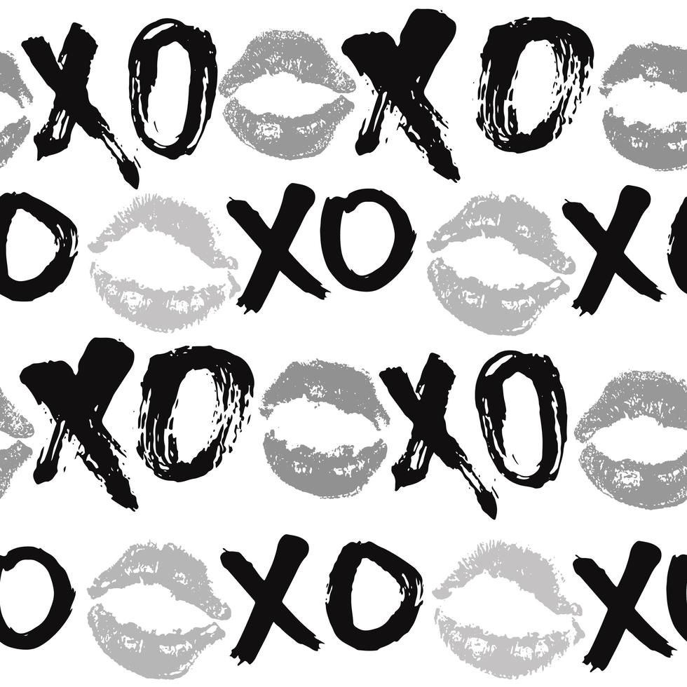 Xoxo cepillo letras signos de patrones sin fisuras, frase caligráfica de abrazos y besos de grunge, abreviatura de jerga de Internet símbolos xoxo, ilustración vectorial aislado sobre fondo blanco vector