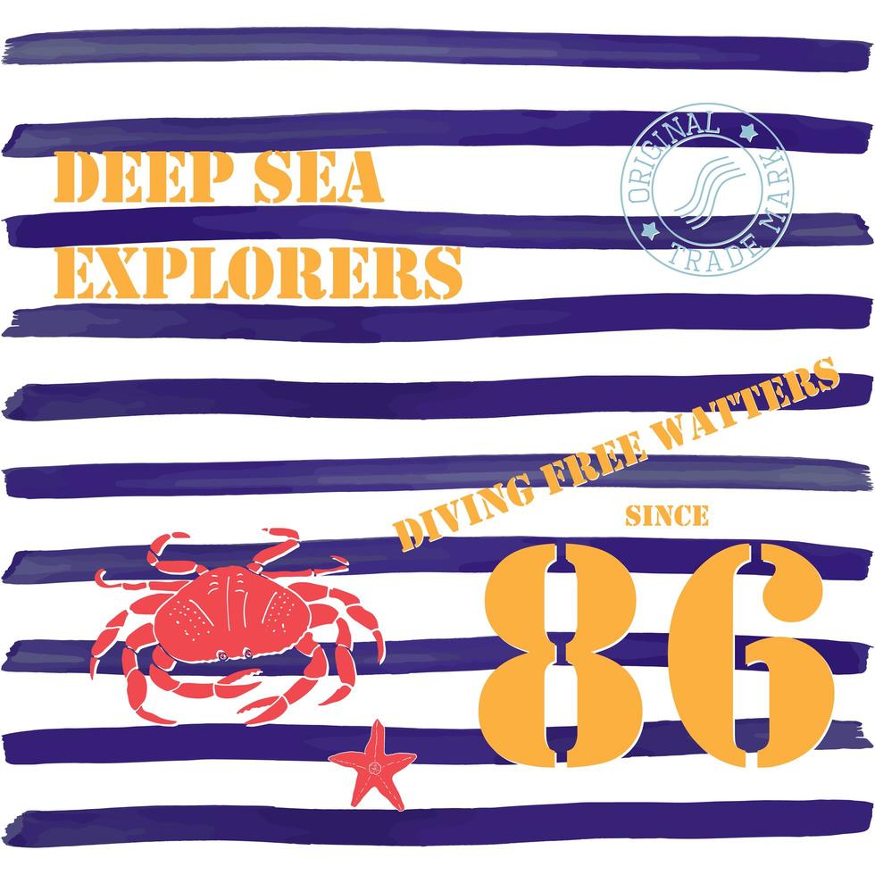 T-shirt typography design, deep sea explorers printing graphics, typographic vector illustration, Navy, diving water text, graphic design for label or t-shirt print, Badge, Applique