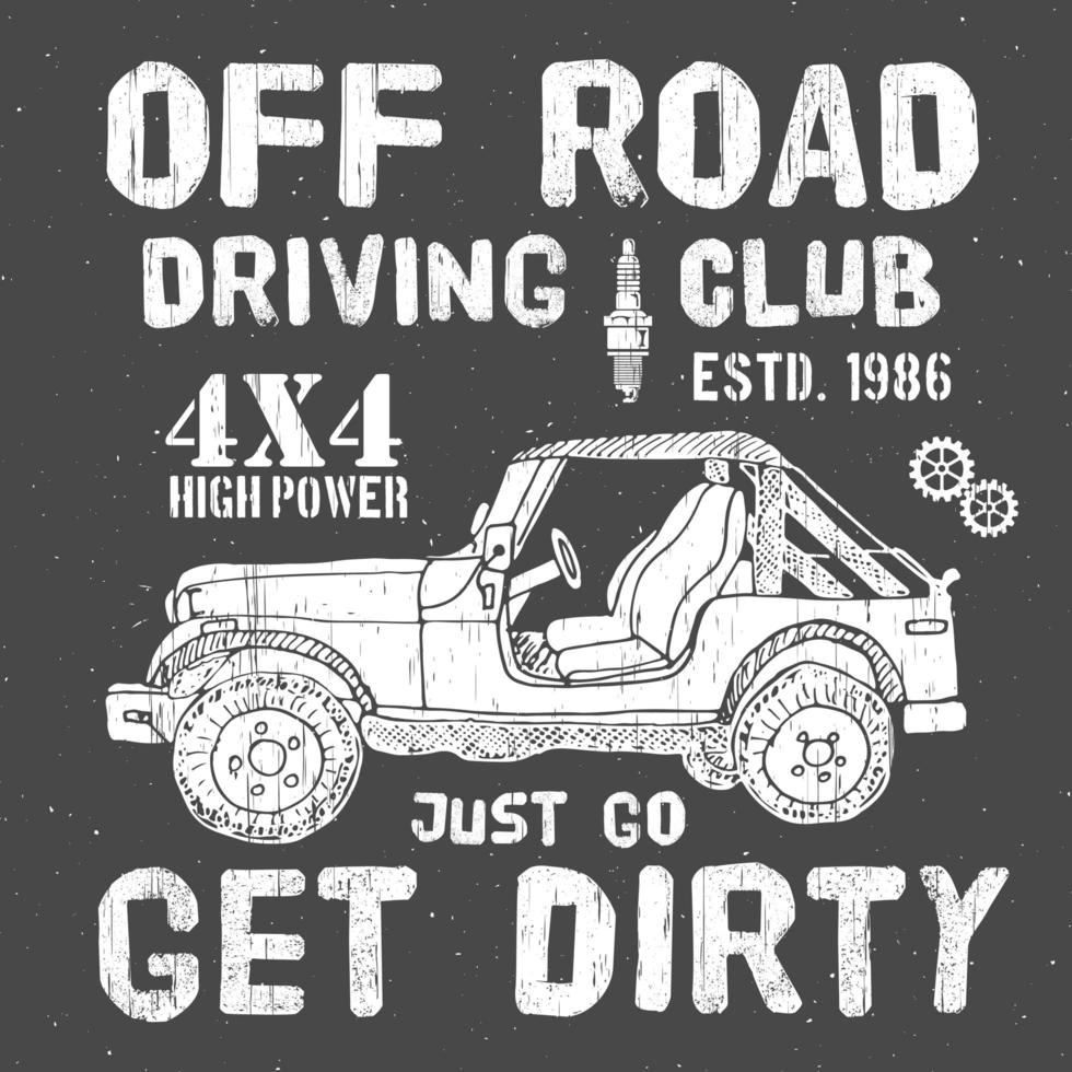 T-shirt design, offroad driving club with suv car typography graphics, vector illustration