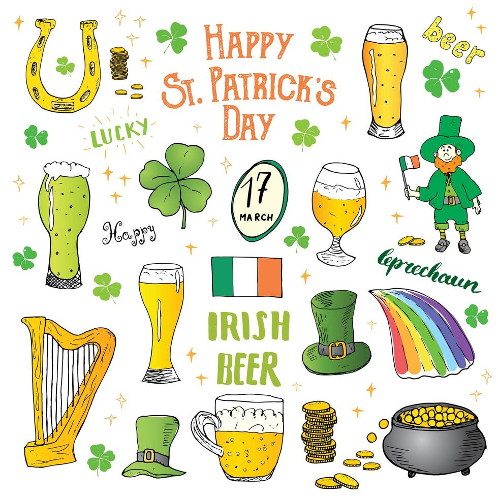St Patricks Day hand drawn doodle set, with leprechaun, pot of gold coins, rainbow, beer, four leaf clover, horseshoe, celtic harp and flag of Ireland vector illustration isolated on white