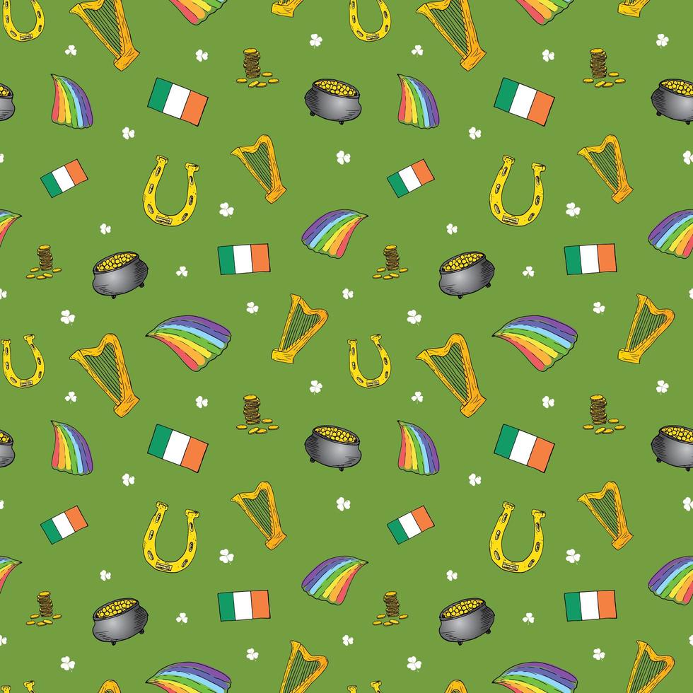 St Patrick's Day hand drawn doodle Seamless pattern, with leprechaun, pot of gold coins, rainbow, beer, four leaf clover, horseshoe, celtic harp and flag of Ireland vector illustration