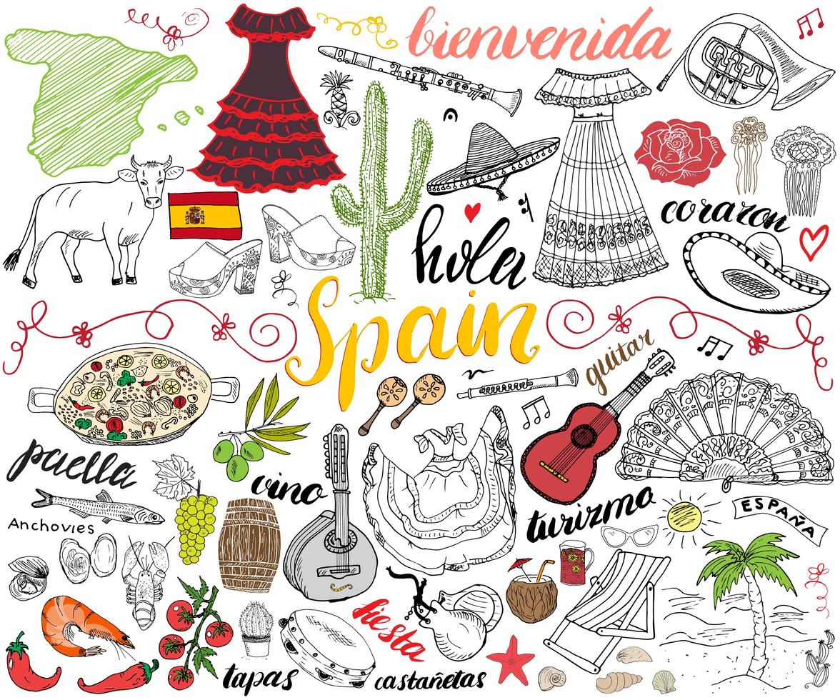 España dibujado a mano conjunto de bocetos ilustración vectorial vector