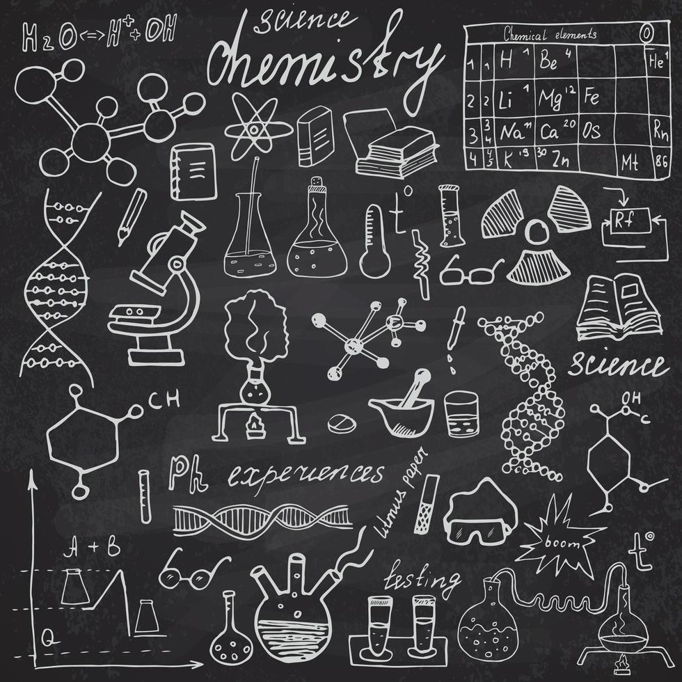 Conjunto de iconos de garabatos de elementos de química y ciencia. Boceto dibujado a mano con microscopio, fórmulas, equipo de experimentos, herramientas de análisis, ilustración vectorial sobre fondo de pizarra vector