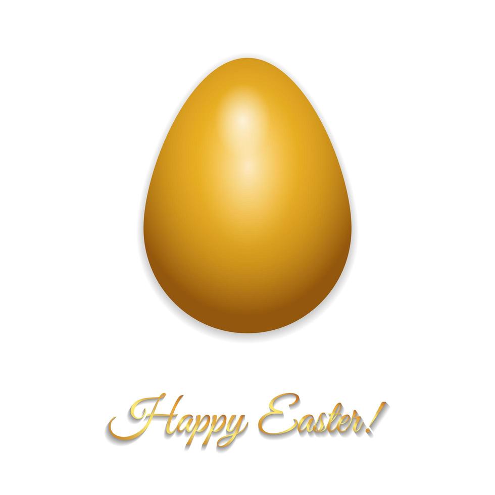 Happy Easter greeting card design with creative gold glossy easter egg isolated on white background and sign Happy Easter, vector illustration