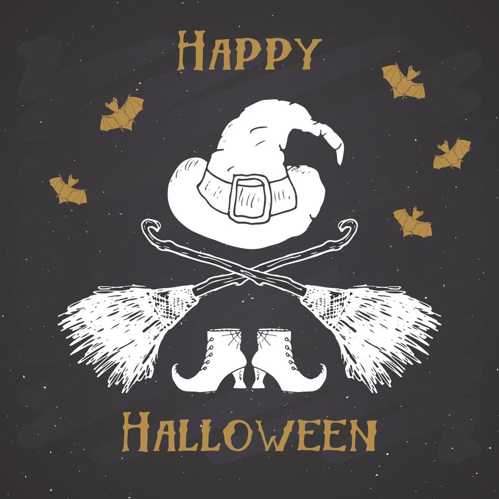 etiqueta vintage de tarjeta de felicitación de Halloween, elementos de bruja de boceto dibujados a mano, insignia retro con textura grunge, impresión de camiseta de diseño de tipografía, ilustración vectorial sobre fondo de pizarra vector