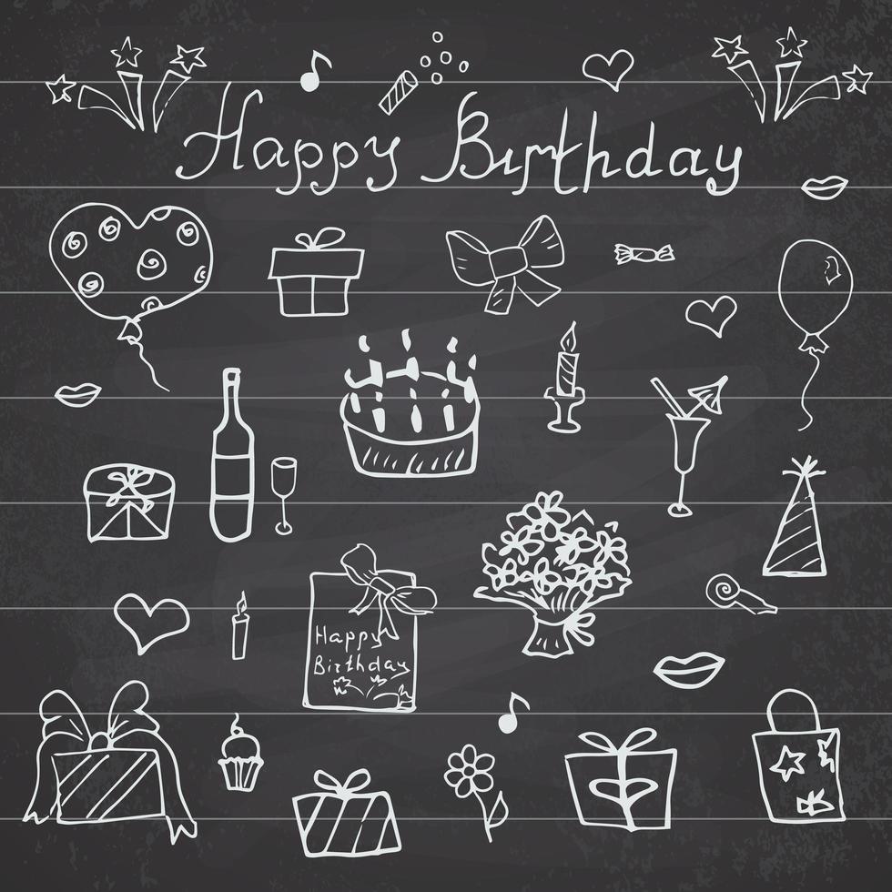 Birthday elements. Hand drawn set with birthday cake, balloons, gift and festive attributes. Children drawing doodle collection, on chalkboard background vector