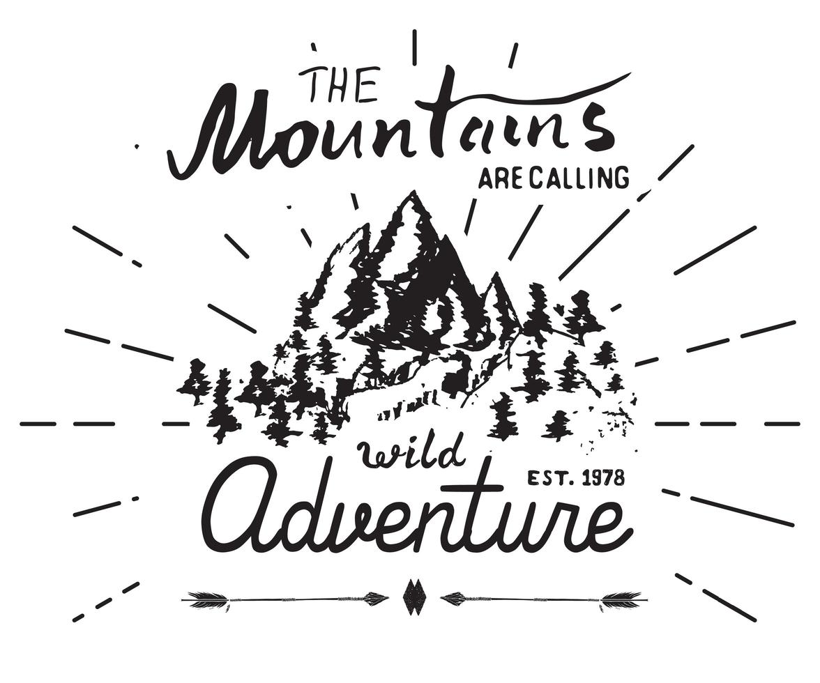 Mountains handdrawn sketch emblem. outdoor camping and hiking activity, Extreme sports, outdoor adventure symbol, vector illustration isolated on white background