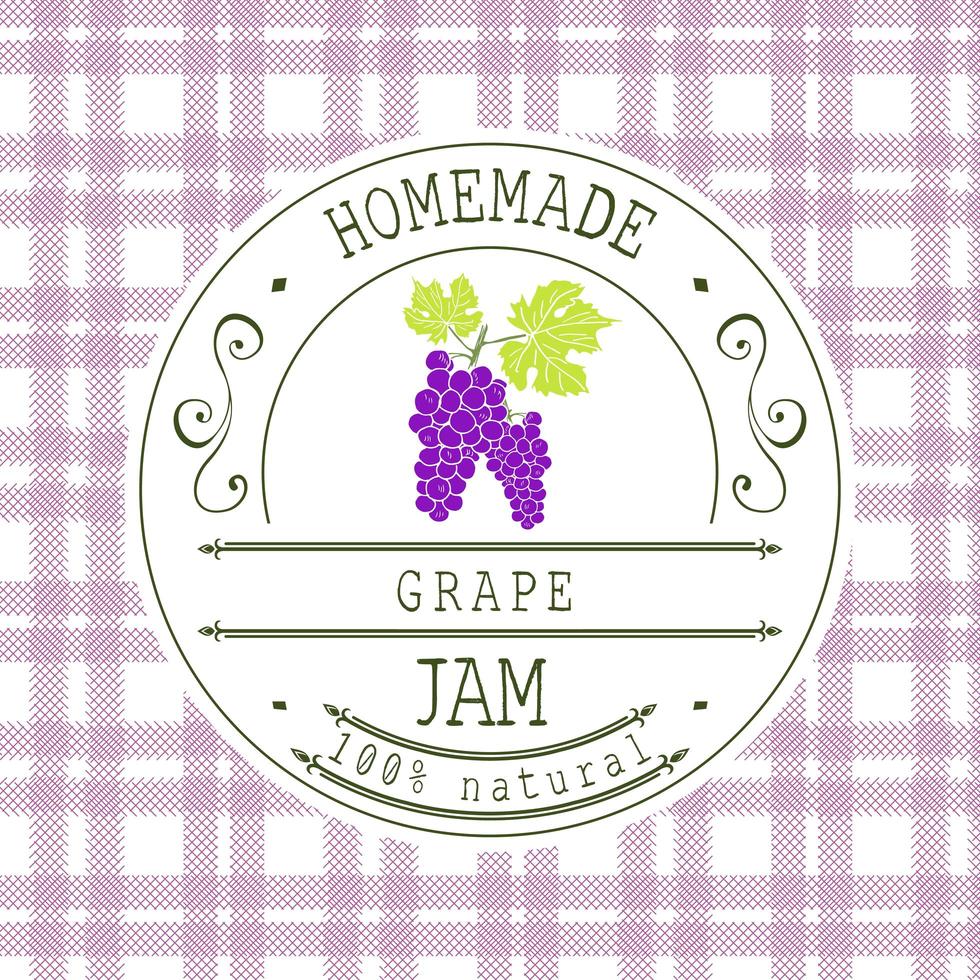 Jam label design template. for grape dessert product with hand drawn sketched fruit and background. Doodle vector Grape illustration brand identity