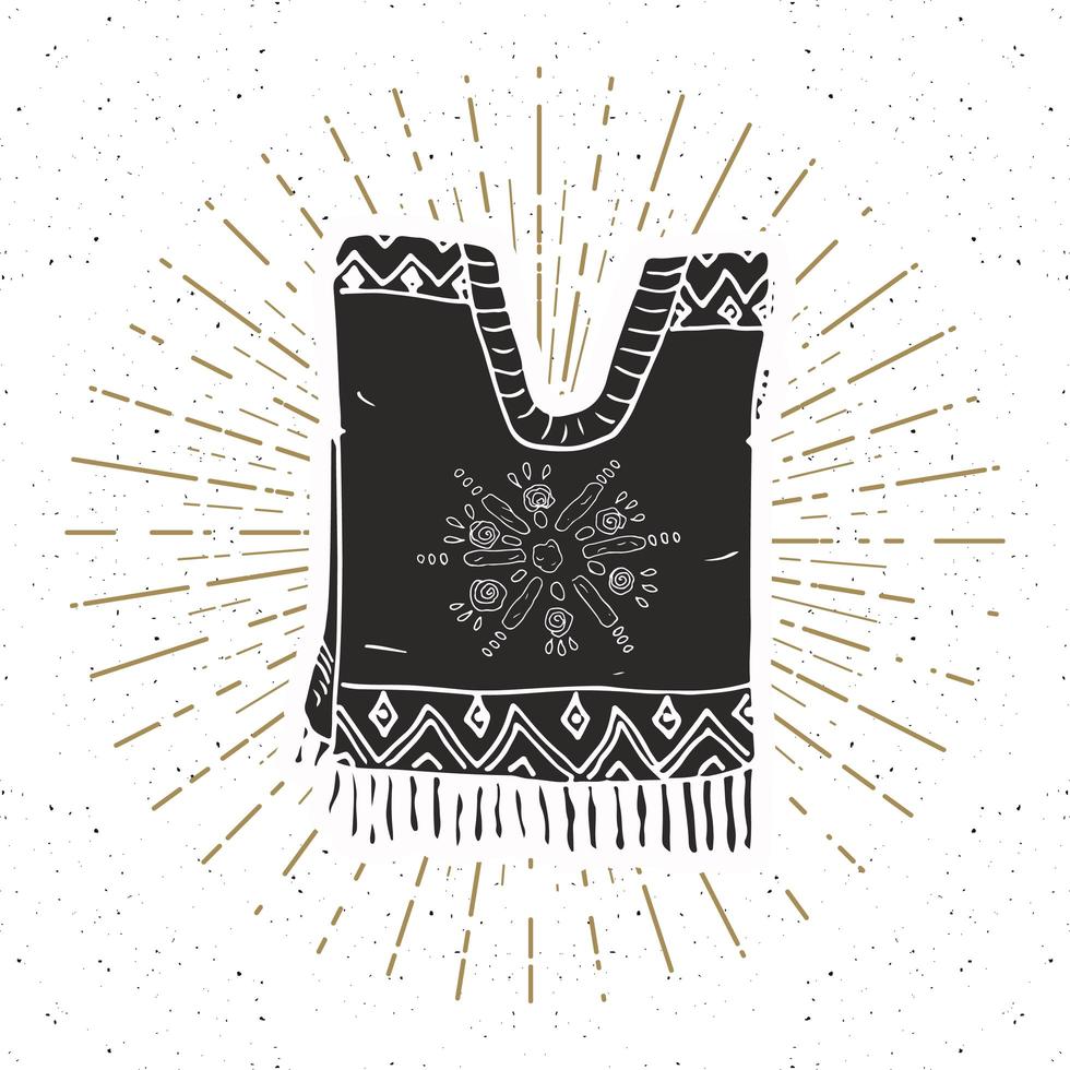 etiqueta vintage, boceto de ropa tradicional mexicana poncho dibujado a mano, insignia retro con textura grunge, diseño de emblema, impresión de camiseta de tipografía, ilustración vectorial vector