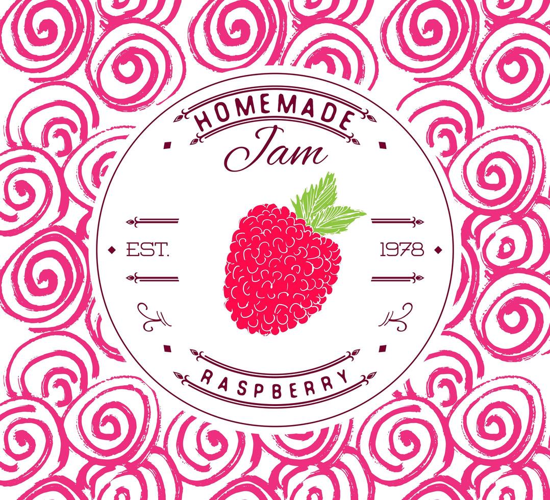 Jam label design template. for raspberry dessert product with hand drawn sketched fruit and background. Doodle vector raspberry illustration brand identity