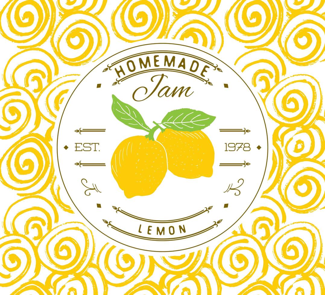 Jam label design template. for lemon dessert product with hand drawn sketched fruit and background. Doodle vector lemon illustration brand identity