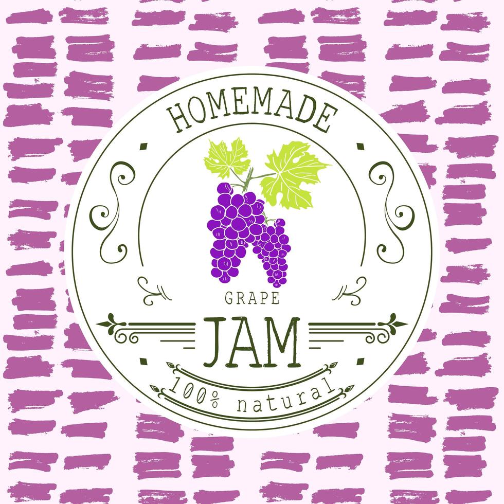 plantilla de diseño de etiqueta de mermelada. para postre de uva con frutas y fondo esbozados a mano. Doodle vector uva ilustración identidad de marca