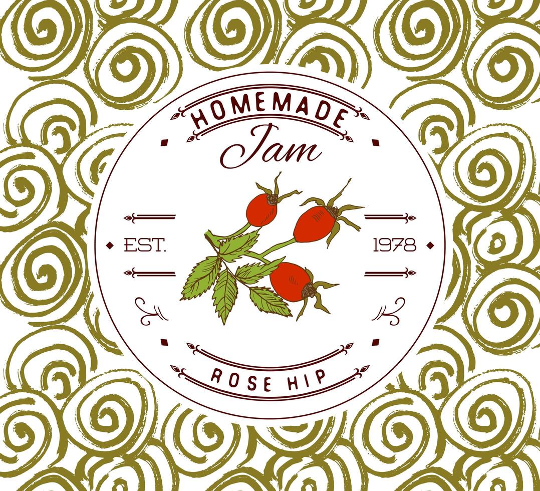 Jam label design template. for Rose hip dessert product with hand drawn sketched fruit and background. Doodle vector Rose hip illustration brand identity