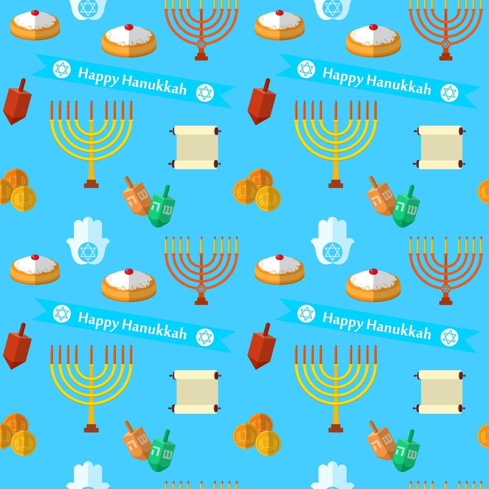 Happy Hanukkah vector seamless pattern, with dreidel game, coins, hand of Miriam, palm of David, star of David, menorah, traditional food, torah and other traditional items